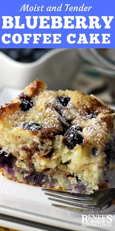 Moist and Tender Blueberry Coffee Cake is the only blueberry coffee cake recipe you need. Easy to make, this coffee cake is studded with fresh blueberries and cinnamon sugar, then topped with sliced almonds for crunch. #blueberrycoffeecake #blueberrycake #blueberries #recipeswithblueberries Blueberry Coffee Cake Recipe, Cream Cheese Coffee Cake, Blueberry Cake Recipes, Six Sisters Stuff, Blueberry Coffee Cake, Blueberry Coffee, Sour Cream Coffee Cake, Coffee Cake Recipe, Six Sisters