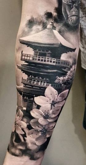 Japanese Temple Tattoo, Buddha Tattoo Sleeve, Samurai Tattoo Sleeve, Geisha Tattoo Design, Temple Tattoo, Half Sleeve Tattoos Forearm, Buddha Tattoo Design, Samurai Tattoo Design, Geisha Tattoo