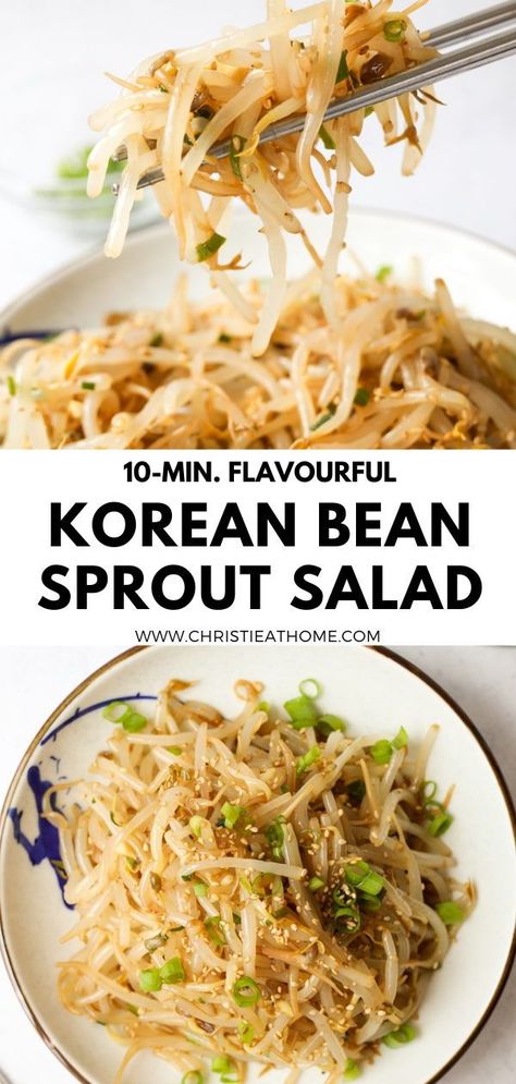 Flavourful 10-min. Korean Bean Sprout Salad (Sukju Namul). Crunchy bean sprouts seasoned in a simple and flavourful sesame garlic soy sauce. This is a popular Korean side dish that is served at many Korean restaurants. Recipe: https://christieathome.com/blog/korean-bean-sprout-salad/ #beansprout recipes #korean bean sprout side dish Soy Bean Salad, Bean Sprout Salad Recipes, Korean Mung Bean Sprouts, Beansprout Salad Recipes, Japanese Sides Recipes, Korean Sprouts Recipe, Beansprout Recipes Korean, What To Do With Bean Sprouts, Chinese Bean Sprouts Recipe