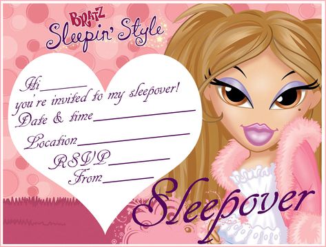 Bratz Themed Party, Kitty Birthday Invitations, Hello Kitty Birthday Invitations, Bratz Art, Slumber Party Invitations, Sleepover Invitations, 00s Nostalgia, Scrapbook Printing, Cartoon Coloring