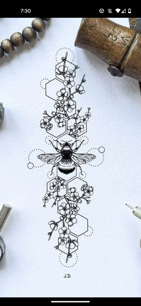 Science Floral Tattoo, Bee Theme Tattoo Sleeve, Bee Spine Tattoos For Women, Honeycomb With Flowers Tattoo, Bee Leg Tattoos Women, Bees Flowers Tattoo, Bee Honeycomb Flower Tattoo, Large Bee Tattoo, Honeybee Tattoo Ideas