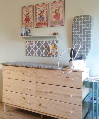 Create a great ironing / packing and shipping / storage station.  Another IKEA hack. Ironing Station, Sewing Room Furniture, Quilting Digest, Sewing Room Inspiration, Quilt Room, Sewing Room Storage, Sewing Spaces, Craft Sewing Room, Ironing Boards