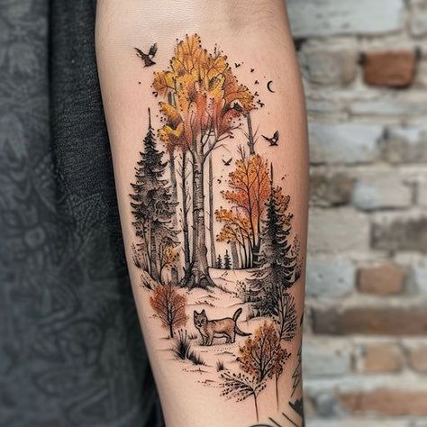 Hundred Acre Wood Tattoo, Fall Trees Tattoo, Fall Foliage Tattoo, Fall Theme Tattoo, Landscape Tattoo Sleeve, Mountain Sleeve Tattoo, Cool Nature Tattoos, Start Conversation, Nature Tattoo Ideas