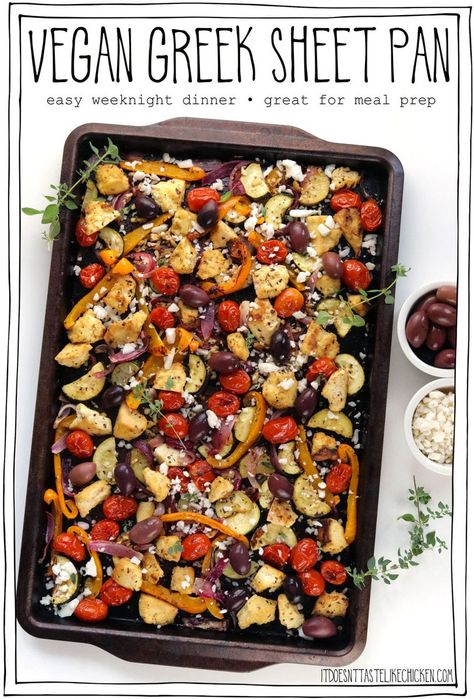 Greek Sheet Pan, Colourful Vegetables, Vegetarian Sheet Pan, Tofu Dinner, Tofu Steaks, Vegan Sheet Pan, Tofu Bites, Yogurt Dill Sauce, Garlic Tofu