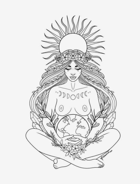 Pregnant Mother Earth Tattoo, Pregnant Goddess Tattoo, Goddess Inspired Tattoo, Mother Earth Tattoo Divine Feminine, Gaia Tattoo Mother Earth, Gaia Drawing, Pachamama Tattoo, Earth Goddess Tattoo, Gaia Tattoo