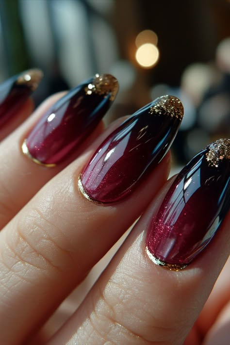 Burgundy  Nail Polish Red Gold Glitter Nails, Red Wine Nails Design Burgundy, Nail Art Trend 2024, Wine Colored Nails Designs, Red And Gold Nails Ideas, Wine Nails Designs, Burgundy Nail Art Designs, Burgundy Red Nails, Crimson Nails