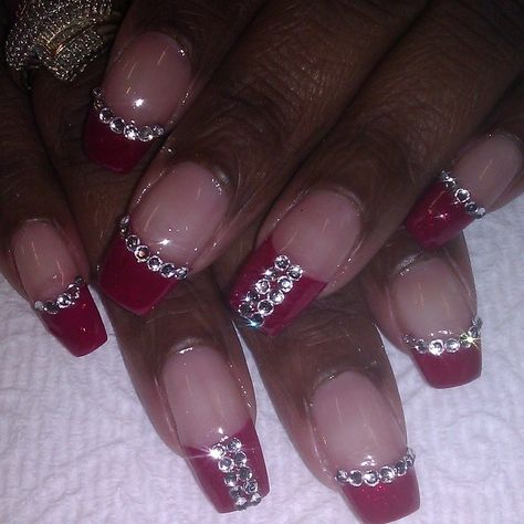 Red Nails Rhinestones, Red Nails With Stones, Red Bling Nails Rhinestones, Red Black And Silver Nails, Red Nails With Diamonds, Christmas Nails With Rhinestones, Christmas Bling Nails, Red Nails With Gems, Red Nails With Rhinestones