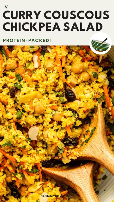 This Curry Couscous Chickpea Salad is a colorful and filling Indian-inspired fusion dish that makes for a perfect make-ahead lunch! Vegan. Curry Couscous Salad, Vegan Couscous Salad, Couscous Chickpea Salad, Chickpeas Couscous, High Protein Vegan Lunch, Vegan Couscous Recipes, Couscous Chickpea, Curry Couscous, Salad Gourmet