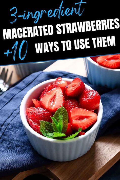 Try this easy Macerated Strawberries recipe and discover 10 delicious ways how you can use fresh strawberries (without cooking!) to make toppings, desserts, and even cocktails! Berry Tiramisu, Strawberry Liqueur, Macerated Strawberries, Pastry Cream Recipe, Yogurt Toppings, Strawberry Balsamic, Cheesecake Toppings, Strawberry Dessert Recipes, Strawberry Juice