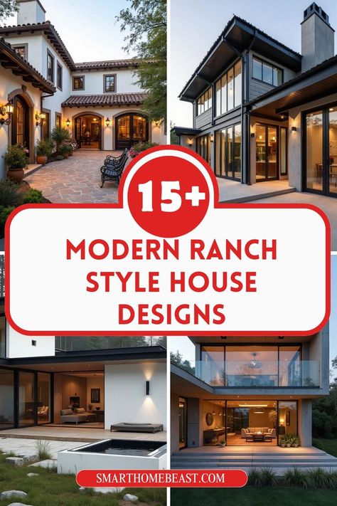 An image showcasing stunning modern ranch-style homes, highlighting their sophisticated design elements such as clean lines, large windows, and seamless indoor-outdoor living spaces. Modern Ranch House, Ranch Homes, Modern Ranch, Ranch Style Homes, Ranch Style, Ranch House, House Designs Exterior, Luxury Living, Exterior Design