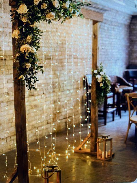 Formal Backdrop Ideas, Fairy Lights With Greenery, Wall Of Lights Backdrop, Wood Frame Wedding Backdrop, Outdoor Picture Backdrop Ideas, Twinkle Light Photo Backdrop, Wedding Arch With Fairy Lights, Western Backdrop Wedding, Wooden Backdrops For Wedding