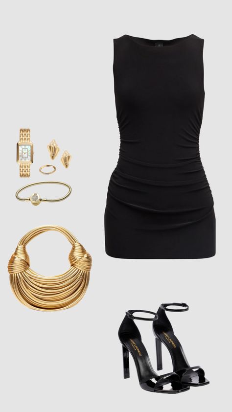 Gold And Black Party Outfit, All Black Fancy Outfits, Black Fancy Outfits, Dressy Outfits Classy, New Year Outfit Parties Night, Black Dress Outfit Ideas, Classy Dinner Outfits, Gold Night, Mode Crochet