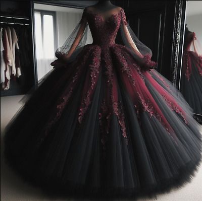 Goth Wedding Dress Plus Size, Red Goth Wedding Dress, Dark Red And Black Quinceanera Dresses, Black And Red Dress Formal Ball Gowns, Wedding Dresses Black And Red, Unique Wedding Dresses Black, Red And Black Ball Gown, Black And Purple Wedding Dress, Dark Red Wedding Dress