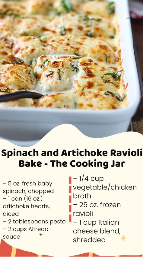 An easy, cheesy rich and creamy spinach and artichoke ravioli bake. Easy to make with regular pantry items from grocery stores! The Artichoke Ravioli Sauce, Artichoke Tortellini Bake, Artichoke Ravioli Bake, Spinach Artichoke Ravioli Bake, Spinach Artichoke Lasagna Roll Ups, Alfredo Ravioli Bake, Spinach Ravioli Recipe, Spinach Artichoke Ravioli, Spinach Artichoke Pasta Bake