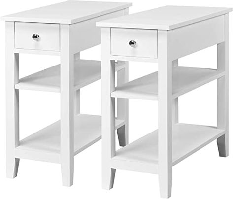 Amazon.com: Giantex Narrow End Table Set of 2, Small Side Table with Drawer and Shelf, Wood Accent Sofa Table, Skinny Nightstand for Small Space Living Room Bedroom, White : Home & Kitchen Small Bedside Tables, Open Storage Shelves, Side End Table, Remote Controls, Open Storage, Bedside Tables, Interior Furniture, Guest Bedroom, The Coffee