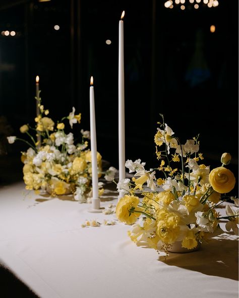 Trust me when I say, they will change the entire vibe of your reception! Did you know that we also offer candles and styling elements to complete the look and vibe of your tables? Elevate your wedding tablescape with the warmth, and romantic glow of candlelight. Including candles in your table design isn’t just about adding light—it’s about transforming your entire setting into a complete experience. Whether you’re envisioning a soft, flickering ambiance or a dramatic, layered look, our c... Colorful Taper Candles Wedding, Pillar Candle Tablescape, Candle Tablescapes, Taper Candles Wedding, Candle Sticks Wedding, Yellow Candles, Candles Wedding, Yellow Table, Wedding Tablescape