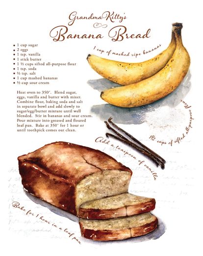 Bannan A Bread Recipe Easy 2 Banana, Basbusa Recipe, Soft Banana Bread Recipe, Recipe Artwork, Culinary Arts Recipes, Homemade Cookbook, Easy Banana Bread Recipe, Food Artwork, Custom Recipe