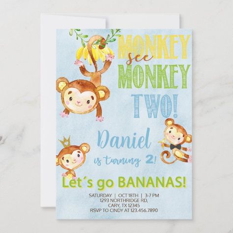 Monkey see monkey two boy birthday invite. invitation Monkey See Monkey Two Birthday, Birthday Photoshoot Ideas Boys, Monkey Invitations, Monkey First Birthday, Monkey Birthday Party, Girl Monkey, Monkey Birthday Parties, Monkey Party, 2nd Bday Ideas