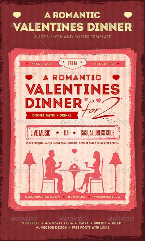 Romantic Valentine’s Dinner is a set of promotional items best suited for a restaurant or cafe dinner party. The items have a retro look and feel to help your business stand out in the crowd. February Food, Cafe Dinner, Valentine's Dinner, Valentines Dinner, Valentine's Day Poster, Valentine Poster, Day Template, Restaurant Poster, Valentines Day Poster