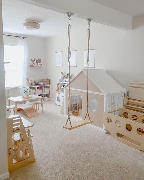 Baby Play Room Ideas Girl, Dream Playroom Kids, Montessori Playroom Modern, Kids Playroom Aesthetic, Downstairs Playroom Ideas, Upstairs Playroom Ideas, Kids Room With Play Area, Kids Montessori Playroom, Coastal Playroom Ideas