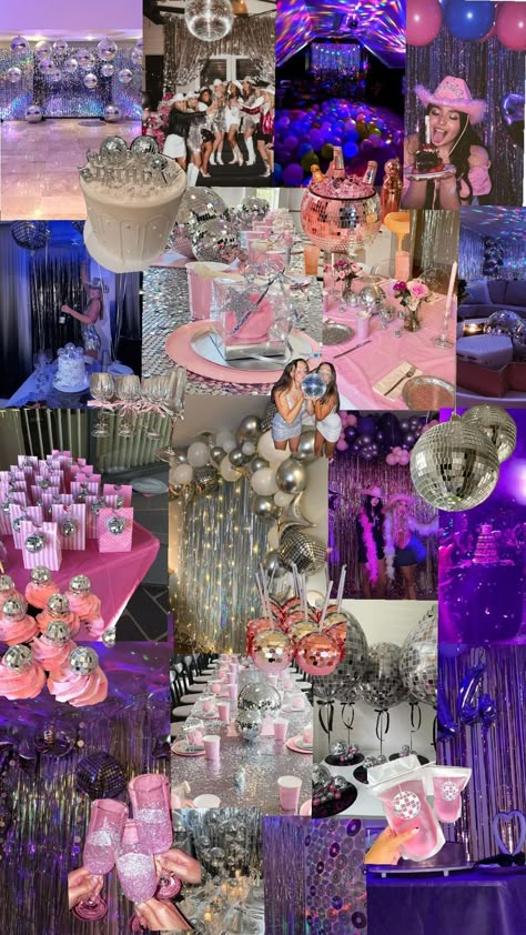 Pink Glitter Themed Party, 18th Birthday Party Disco Theme, Teenage Disco Party Ideas, Clubbing Party Theme, 2004 Birthday Party Theme, Huge Sweet 16 Party, Disco B Day Party, 18th Birthday Party Ideas Disco, Disco Themed Sweet 16