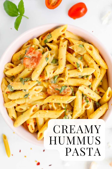 This creamy hummus pasta is the perfect easy dinner recipe to make as a weeknight dinner or meal. It's vegan and plant-based and full of amazing flavor. 4 Ingredient Creamy Hummus Pasta, Creamy Hummus Pasta, Hummus Pasta Recipe, Hummus Meal Ideas, Hummus Noodles, Vegan Hummus Pasta, Plant Based Pasta Recipes, Pasta With Salmon, Hummus Sauce