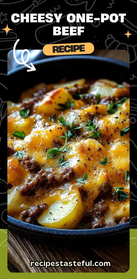 This one-pot wonder combines savory ground beef, hearty potatoes, and a cheesy finish for a meal that's both comforting and full of flavor! Perfect for busy weeknights, this Cheesy One-Pot Beef & Potatoes Delight is quick, easy, and oh-so-delicious. #comfortfood #cheesy #beefandpotatoes #weeknightmeal #familydinner #easyrecipes Cheesy One Pot Beef And Potatoes, Ground Beef Potato Instant Pot Recipes, Ground Beef With Potatoes Recipes, Ground Beef Potatoes Recipes, Beef Potato Recipes, Potato And Ground Beef Recipes, Ground Beef And Potatoes Recipes, Ground Beef Potato Recipes, Ground Beef And Potato Recipes