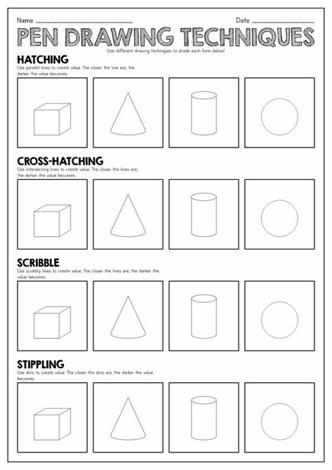 Drawing Techniques Worksheet Art Fundamentals Practice, Finish The Drawing Worksheets, High School Art Worksheets, Anatomy Drawing Practice, Art Worksheets Printables, Value Drawing, Sketchbook Assignments, Creative Exercises, Art Fundamentals