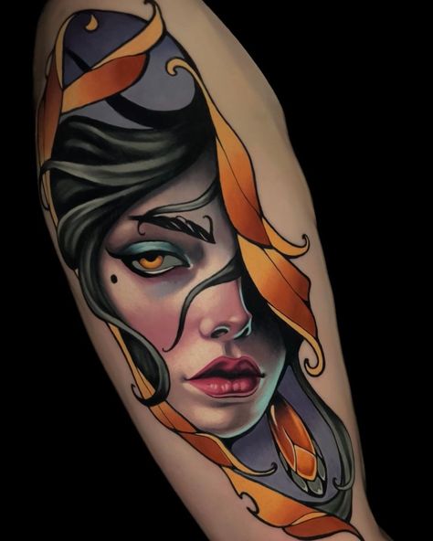 Neotraditional Tattoo Woman, Powerline Tattoo, Neo Traditional Art, Colour Tattoo For Women, Art Nouveau Tattoo, Neo Tattoo, Hyper Realistic Tattoo, Nouveau Tattoo, Neotraditional Tattoo