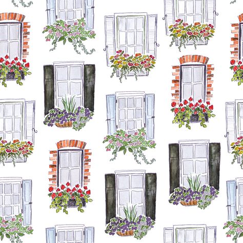 Window box florals; floral surface pattern design by mhbpaper Flower Window Drawing, Window Flower Box Drawing, Flower Window Art, Window Design Drawing, Window With Flowers Drawing, Flower Box Illustration, Flower Box Drawing, Cute Window Drawing, Flowers Window