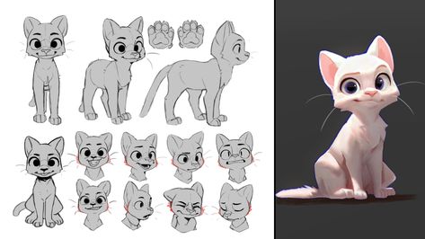 Animal Expression Sheet, Cat Turnaround Sheet, Cat Concept Art Character Design, Cat Character Drawing, Kitten Character Design, Expression Sheet Character, Disney Expression Sheet, Cat Turnaround, Cat Expressions Drawing