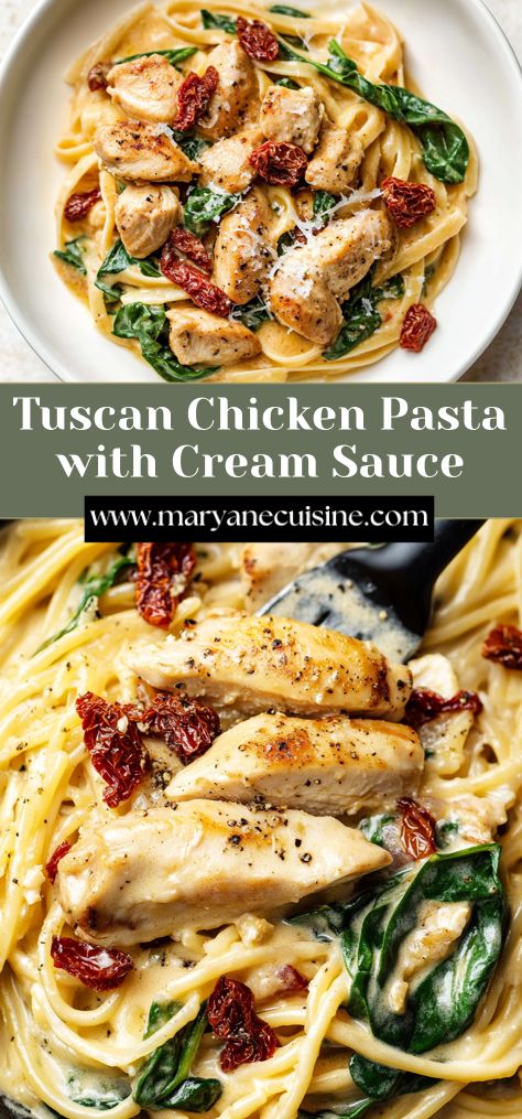 Chicken Tuscan Pasta Recipes, Chicken Whole Wheat Pasta Recipes, Spicy Romano Chicken Pasta, Pasta Spinach Chicken, Pasta Recipes Tuscan, Pasta With Spinach Recipes, Chicken Spinach Pasta Recipes, Date Night Pasta Recipes, Pasta And Spinach Recipes