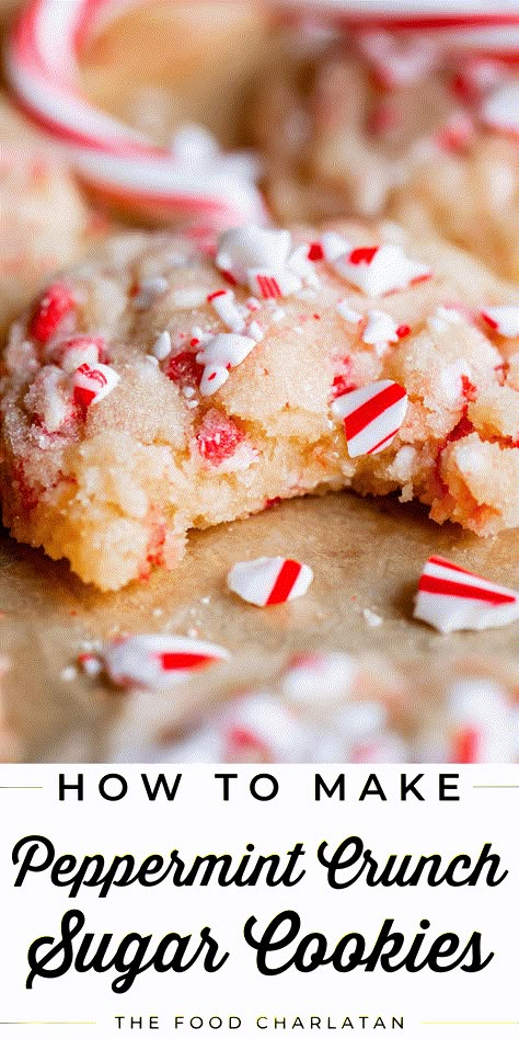 Peppermint Candy Cane Cookies from The Food Charlatan. I love these Peppermint cookies for Christmas! It's sugar cookie dough with peppermint crunch chips mixed in, rolled in sugar, then baked. Top with crushed candy canes for the last minute in the oven for the ultimate peppermint crunch! I love the contrast of the soft, chewy sugar cookie paired with the crushed candy canes. These look so festive and bright on your holiday cookie plate or paired with a cup of hot cocoa. 'Tis the season! Peppermint Crunch Sugar Cookies, Candy Cane Crunch Cookies, Buttermilk Christmas Cookies, Christmas Swig Cookies, Crumbl Peppermint Cookie, Peppermint Crunch Recipes, Peppermint Stick Cookies, Recipes With Peppermint Chips, Cookies With Candy Cane Pieces