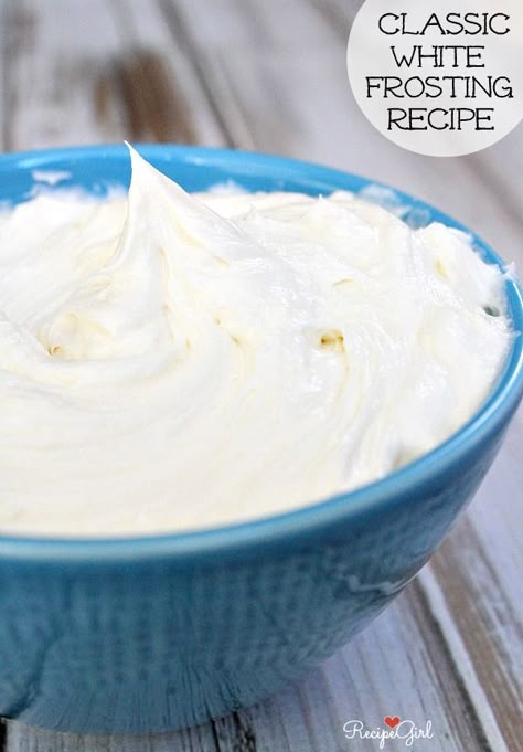 Classic White Frosting Recipe - RecipeGirl.com - perfect for a double layer cake or cupcakes! White Cake Frosting, White Frosting Recipe, White Frosting Recipes, Frost Cupcakes, White Cake Recipes, Double Layer Cake, Easy Frosting, Frosting Recipes Easy, White Cake Recipe