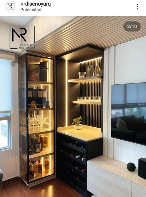 Bar Mini Bar In Living Room Ideas, Tv Behind Bar, Bar Unit Design Modern, Mini Bar With Fridge, Tv Unit With Bar Cabinet, Luxury Mini Bar At Home, Tv Unit With Bar, Coin Bar Salon, Modern House Bar Design