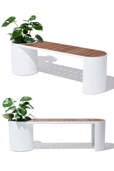 Outdoor Bench Planter, Modern Outdoor Bench Design, Bench Design Outdoor, Outdoor Bench Design, Bench With Planter, White Outdoor Bench, Small Moody Office, Plant Chair, Gym At Home Ideas