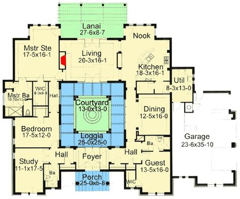 Center Courtyard, U Shaped Houses, Courtyard Homes, Courtyard Houses, Atrium House, Floor Plans Ranch, Modern Floor Plans, Mediterranean House Plans, Farmhouse Floor Plans