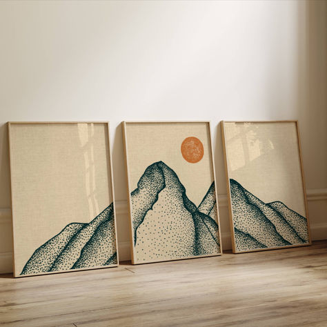 This set features three art prints, each showcasing minimalistic line art mountains on a light background. The neutral color palette makes these prints versatile, allowing them to seamlessly fit into any home decor style. It is designed to be displayed as a triptych, creating a stunning focal point on your wall. This minimalist set is perfect for enhancing up any space, be it your living room, bedroom, office or anywhere else. It also makes a thoughtful and unique gift. Line Art Mountains, Three Art Prints, Minimalistic Line Art, Art Mountains, Aesthetic Landscape, Minimalistic Art, Panoramic Wall Art, Scandinavian Wall Art, Wall Art Aesthetic