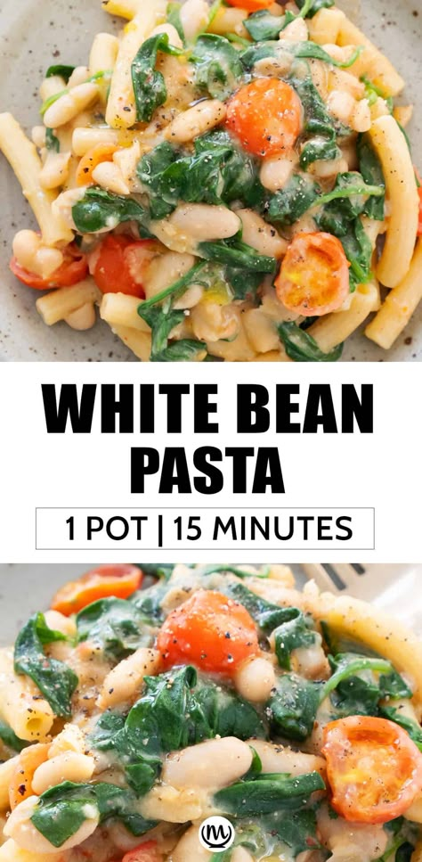 This quick white bean pasta makes a wonderful 1-pot family meal ready in less than 15 minutes. It’s everything you want in a pasta dish: it's comforting, packed with fresh ingredients, no fuss. #pastarecipes #quickandeasydinnerrecipes #whitebeanrecipe #cannellinibeanrecipes #15minutemeals White Bean Pasta, Pasta With White Beans, Bean Pasta Recipes, Cannellini Beans Recipes, White Bean Recipes, Protein Veggies, Bean Pasta, Cheap Dinner Recipes, One Pot Pasta