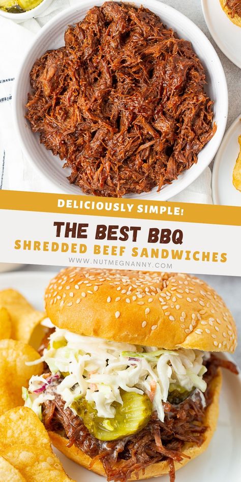 This BBQ shredded beef is the perfect filling for sandwiches, baked potatoes, or served over a salad. You'll love how easy this is to make in your Instant Pot or slow cooker. Bbq Beef Crockpot, Shredded Beef Sandwiches, Shredded Chicken Sandwiches, Bbq Beef Sandwiches, Shredded Beef Recipes, Beef Sandwich Recipes, Bbq Sandwich, Dinner Party Dishes, Pulled Beef