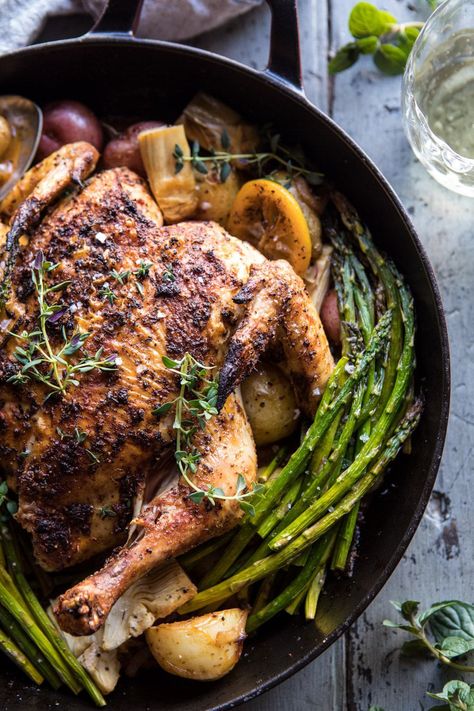 Spring Skillet Roasted Lemon Chicken and Veggies. - Half Baked Harvest Lemon Chicken And Veggies, Roasted Lemon Chicken, Easter Main Dishes, Spring Potato, Half Baked Harvest Recipes, Sweet Chicken, Chicken And Veggies, Good Roasts, Harvest Recipes