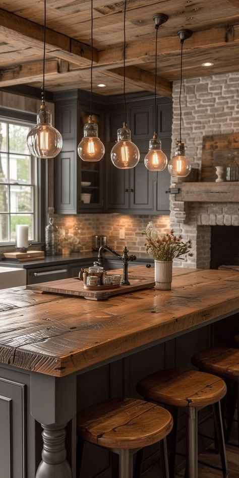 Elegant Country Home Decor, Kitchen Island Chandeliers, Gorgeous Farmhouse, Above Kitchen Cabinets, Farmhouse Kitchen Island, Cabin House, Kitchen Cabinets Decor, Rustic Kitchen Design, Farmhouse Kitchen Design