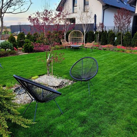 Creating a sitting area on a garden lawn is one way to make your garden look more beautiful. Here you can present a black rattan chair there to create a comfortable sitting area that will keep your garden perfect. In this way you can enjoy the beauty of the outdoors very comfortably and safely. Black Chair from @effkowy.ogrod #gardenlawn #lawndesign #lawnmaintenance #lawnideas Lawn Sitting Ideas, Grass Chair Garden, How To Weave Lawn Chairs, Croquet Lawn, Black Rattan Chair, Lawn Designs, Lawn Ideas, Aerate Lawn, Black Rattan