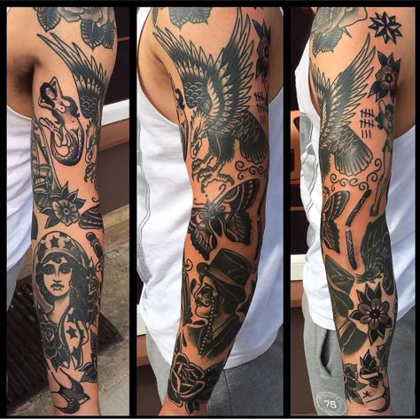 Mens Classic Tattoos, Black And Grey American Traditional Sleeve, Tattoo Styles Men, Black Traditional Tattoo Sleeve, Classic Tattoos For Men, Traditional Tattoos Men, Cool Traditional Tattoos, Tattoo Ideas Old School, Traditional Arm Tattoo