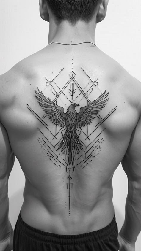 Phoenix rebirth in a masculine style with geometric patterns for a unique creative tattoo -  #Creative #Geometric #Masculine #Patterns #Phoenix #rebirth #Style #Tattoo #Unique Check more at https://ifoundaideas.com/tattoo/phoenix-rebirth-in-a-masculine-style-with-geometric-patterns-for-a-unique-creative-tattoo/ Tattoo Back Man, Geometric Phoenix Tattoo, Best Back Tattoos Men, Cool Back Tattoos For Guys, Geometric Bird Tattoo, Geometric Tattoo Design Pattern, Men Back Tattoos, Back Tattoo For Men, Back Tattoo Men