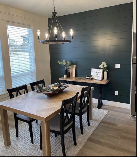 Dining Room With Dark Accent Wall, Green Shiplap Wall Dining Room, Open Concept Dining Room Accent Wall, Dinning Room Accent Walls, Shiplap Wall Dining Room, Dining Room Accent Wall Ideas, Bedroom Baddie, Snack Bar Ideas, Small Home Decor Ideas