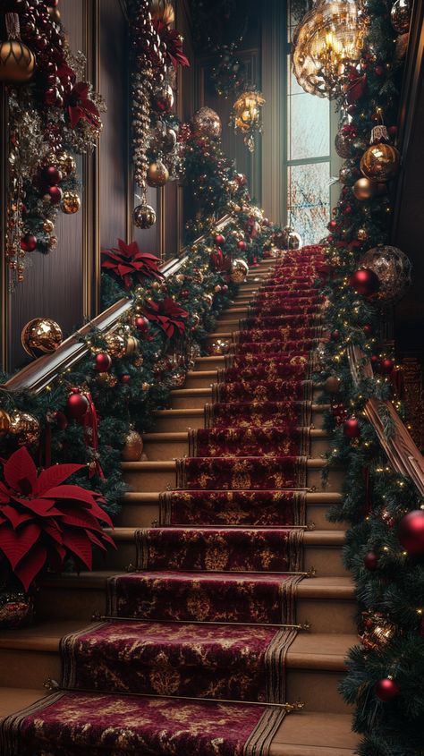 Luxurious staircase adorned with burgundy and gold Christmas decorations, including ornaments, garlands, and poinsettias. Extravagant Christmas Decor, Luxury Christmas Decor Interior Design, Christmas Decor For Staircase, Mansion Christmas Decor, Decorating Staircase, Oversized Christmas Decorations, Staircase Christmas Decorations, Christmas Mansion, Boujee Room