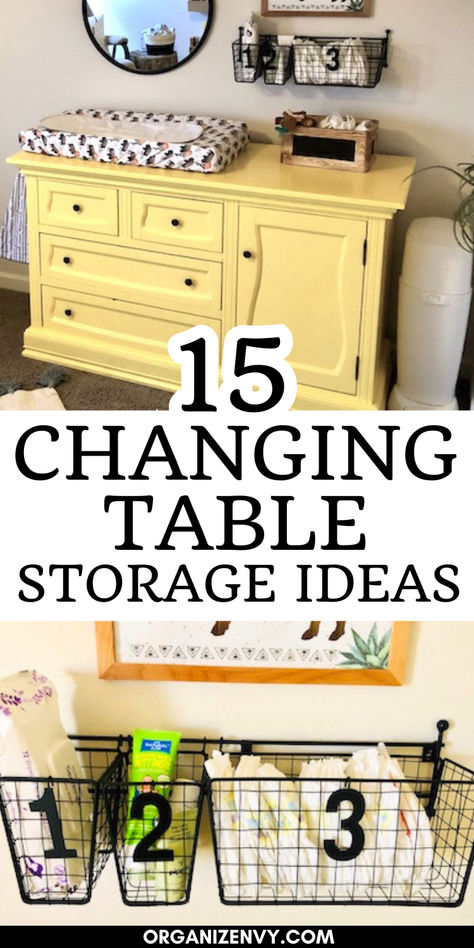 Photos of a changing table in a baby's nursery Diy Nursery Changing Table, Storage Above Changing Table, Shelves Over Changing Table, Storage Ideas For Nursery, Small Changing Table Ideas, Above Changing Table Decor, Baby Changing Table Ideas, Baby Dresser Changing Table, Table Storage Ideas