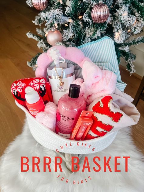 Brrr Basket | Gifts for Girls • Honey We're Home Gift Basket Ideas For A Friend, Best Friend Christmas Gifts Ideas Basket, Cute Christmas Gift Baskets, Christmas Gift Basket Ideas For Women, Brrr Basket, Pink Gift Basket, Breakfast Gift Basket, Burr Basket, Breakfast Gift