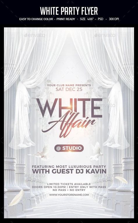 White Party for $9 - GraphicRiver #flyer #FlyerDesign #print #flyers #GraphicDesign #design #designcollection #designresources #BestDesignResources Flyer Invitation Design, Club Invitation Design, Open Heavens Flyer Design, Elegant Event Poster, Elegant Flyer Design, All White Party Invitations, White Party Birthday, Elegant Poster Design, Invitation Party Design